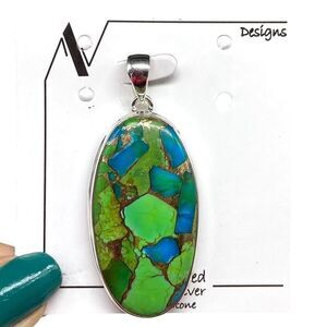 Kingman Turquoise Necklace Pendant Oval Solid 925 Sterling Silver Green Blue